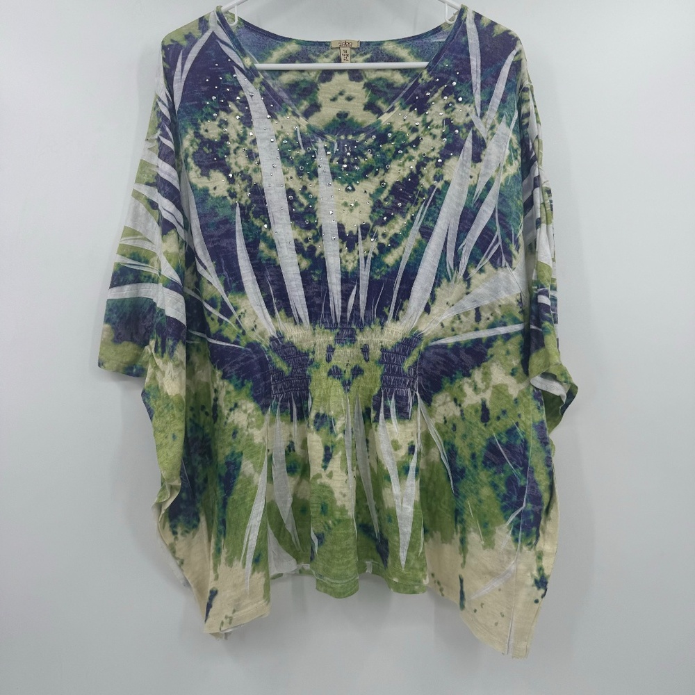 Reba Top Women 1X Green Tie Dye Rhinestones Short Sleeves Stretch Western